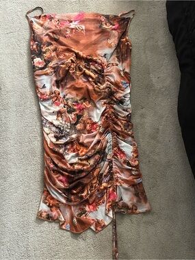 SHEIN Brown Floral Asymmetrical Ruched Midi Skirt